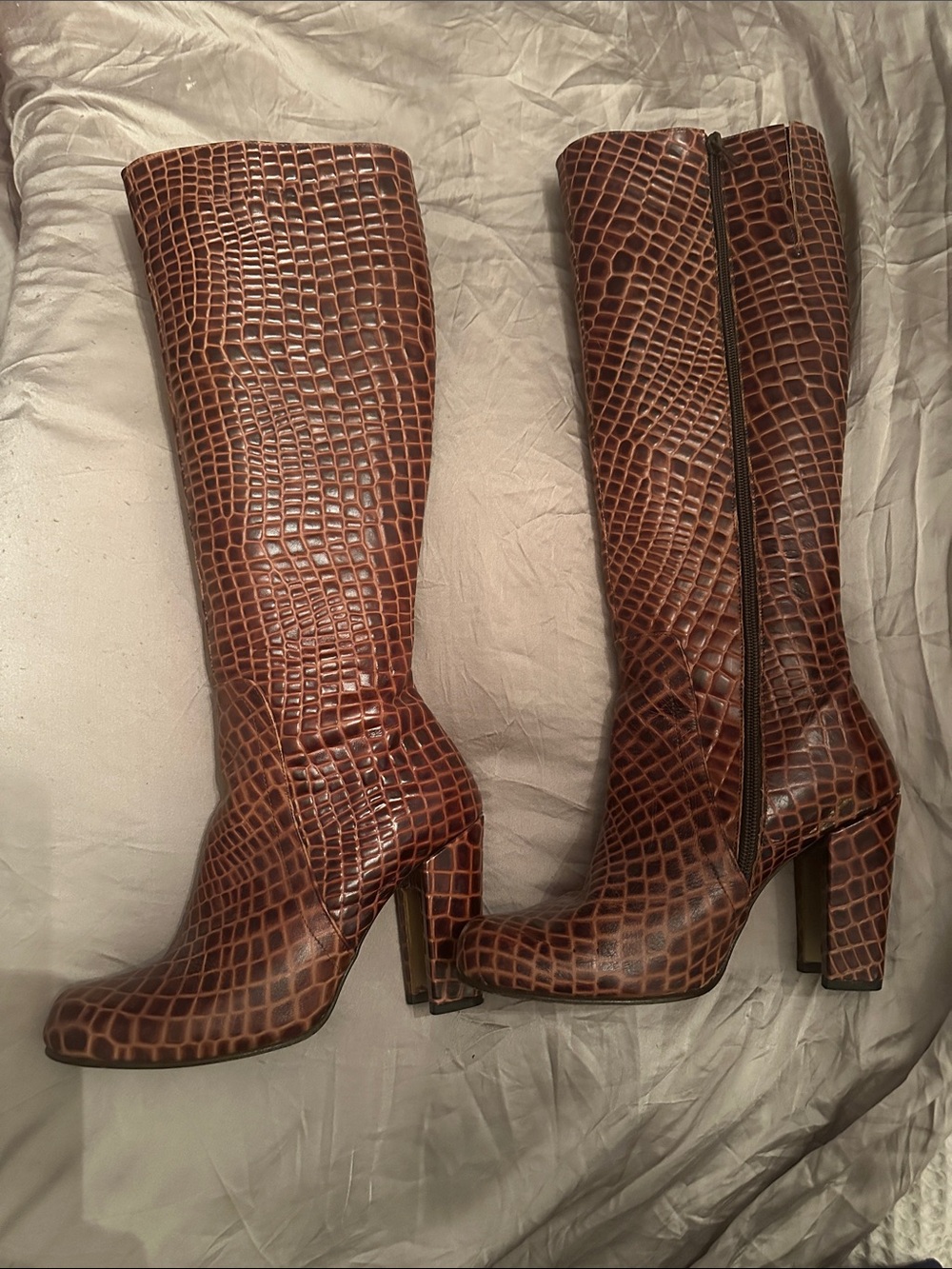 John Fluevog Brown Croc-Embossed Knee-High Block Heel Boots